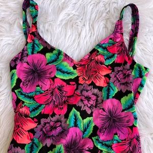 Vintage 80s Neon Floral Low Back Skirt Swimsuit by Sandy Cove